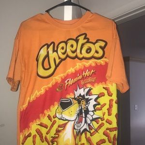 A flamin hot cheeto short-sleeve shirt.